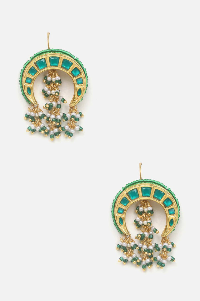 Green And Gold Drop Earring With Kundan And Pearls