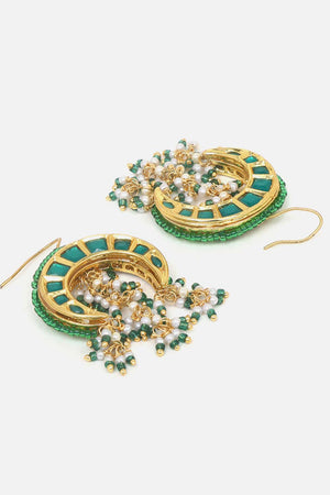 Green And Gold Drop Earring With Kundan And Pearls