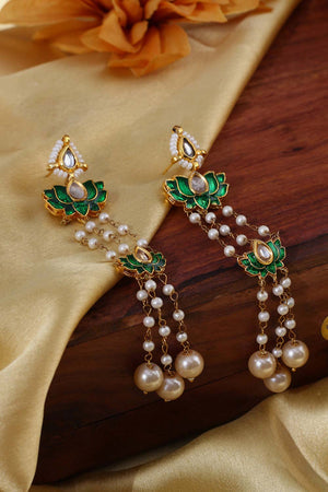 Green And Cream Drop Earring With Kundan, Pearls And Natural Stones (DGED24062)