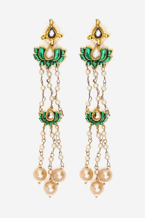 Green And Cream Drop Earring With Kundan, Pearls And Natural Stones (DGED24062)