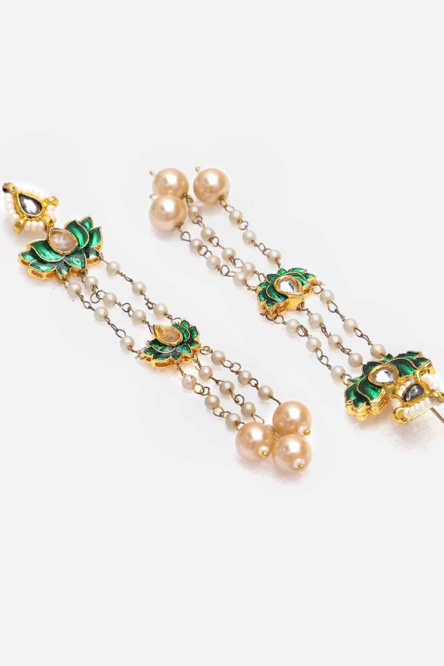 Green And Cream Drop Earring With Kundan, Pearls And Natural Stones (DGED24062)