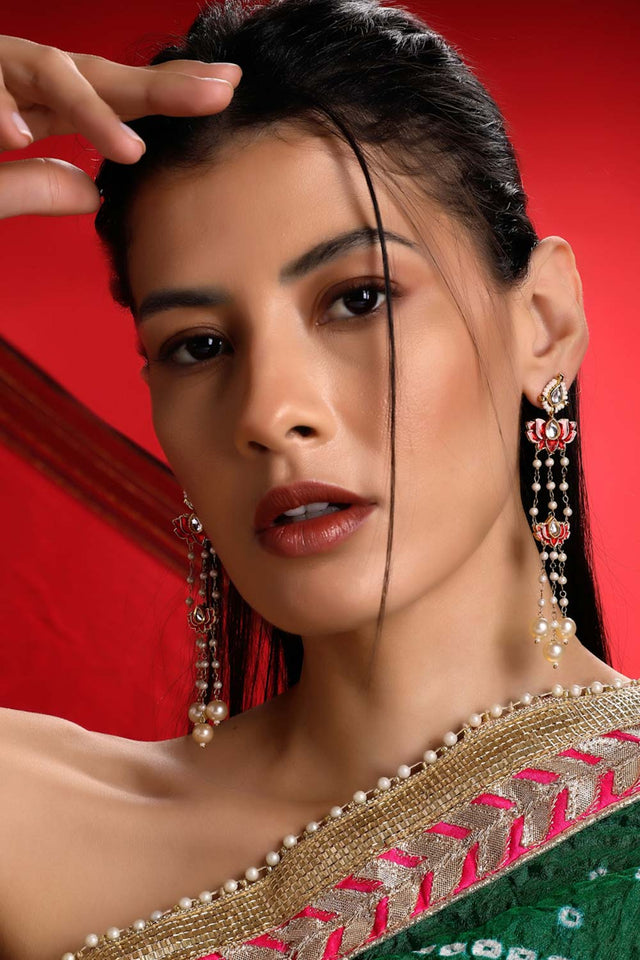 Red And White Drop Earring With Kundan And Pearls