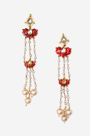 Red And White Drop Earring With Kundan And Pearls