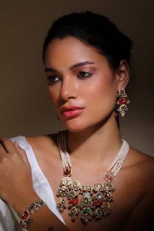 Red And Green Drop Earring With Kundan And Pearls