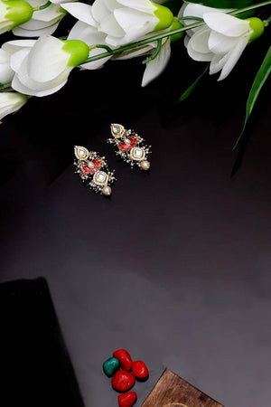 Red And Green Drop Earring With Kundan And Pearls