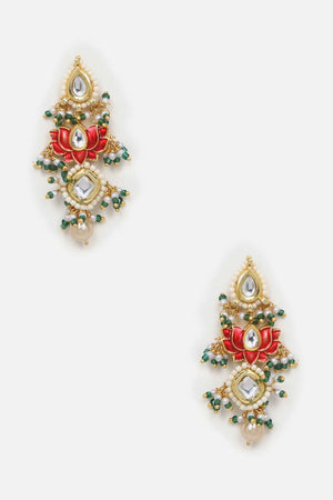 Red And Green Drop Earring With Kundan And Pearls