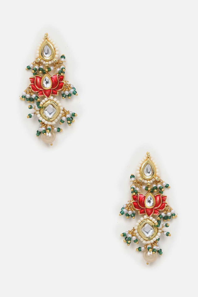 Red And Green Drop Earring With Kundan And Pearls