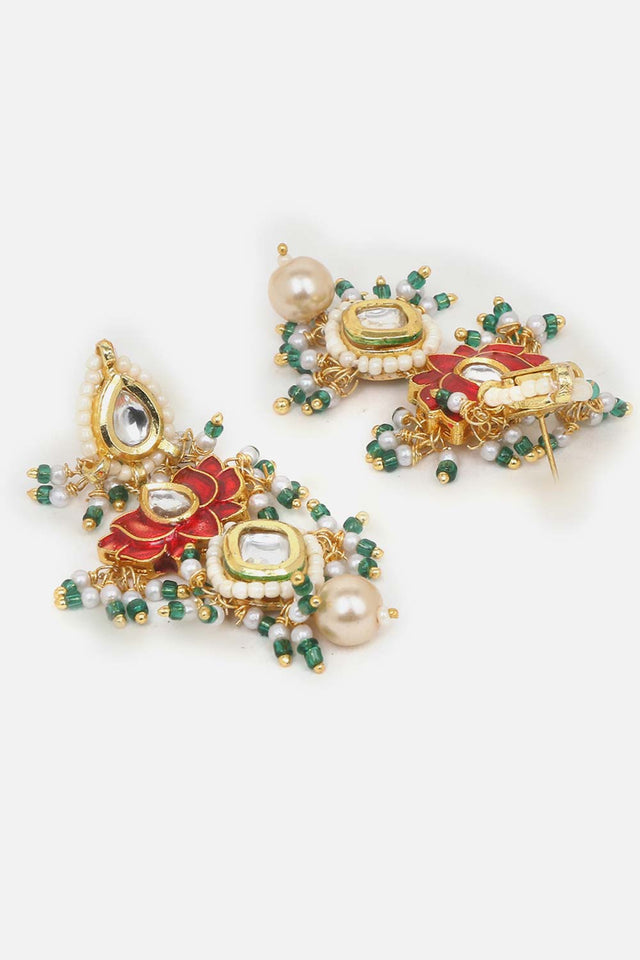 Red And Green Drop Earring With Kundan And Pearls
