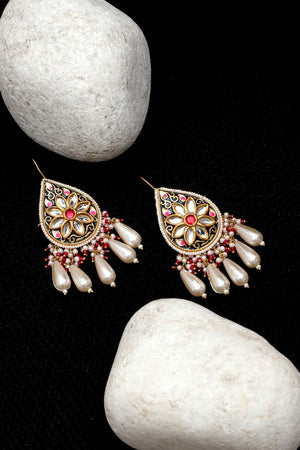 Pink And Blue Drop Earring With Kundan And Pearls