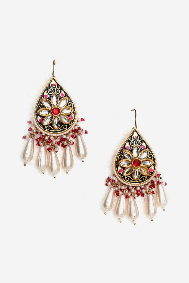 Pink And Blue Drop Earring With Kundan And Pearls
