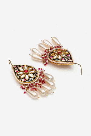 Pink And Blue Drop Earring With Kundan And Pearls