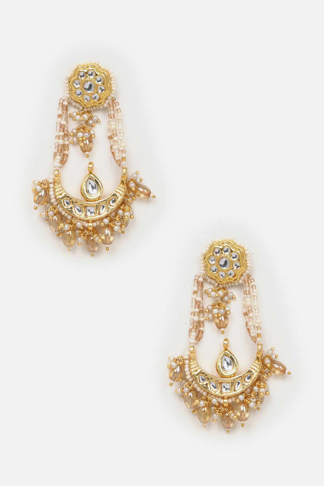 Cream And Gold Drop Earring With Kundan And Pearls
