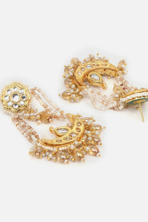 Cream And Gold Drop Earring With Kundan And Pearls