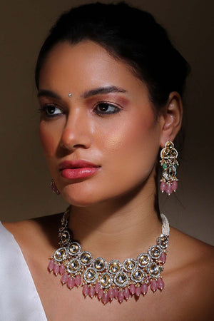 Pink And Green Drop Earring With Kundan And American Diamonds
