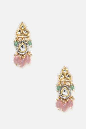 Pink And Green Drop Earring With Kundan And American Diamonds