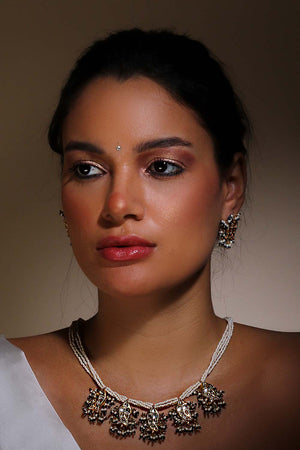 Blue And Cream Drop Earring With Kundan And Pearls