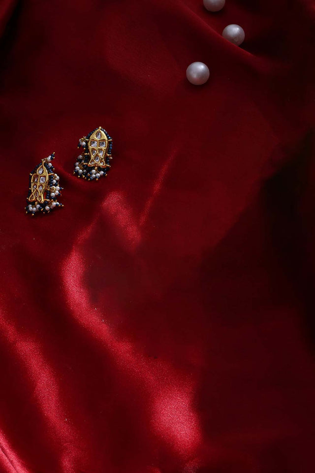 Blue And Cream Drop Earring With Kundan And Pearls