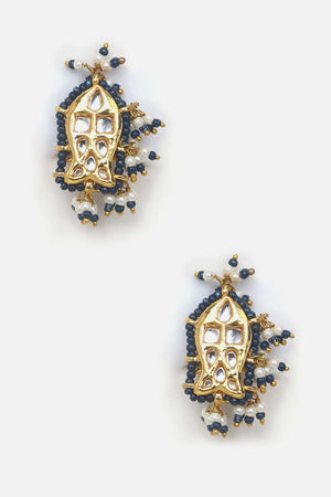 Blue And Cream Drop Earring With Kundan And Pearls