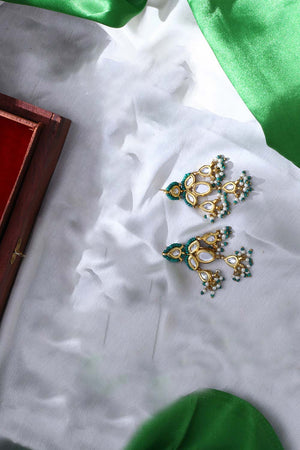 Green, White And Cream Drop Earring With Kundan And Pearls