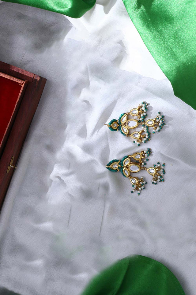 Green, White And Cream Drop Earring With Kundan And Pearls