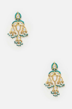 Green, White And Cream Drop Earring With Kundan And Pearls