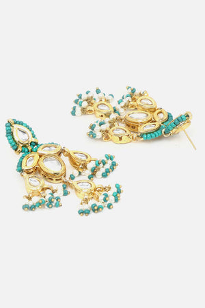 Green, White And Cream Drop Earring With Kundan And Pearls