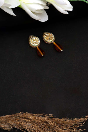 Brown And Gold Drop Earring With Kundan And Pearls
