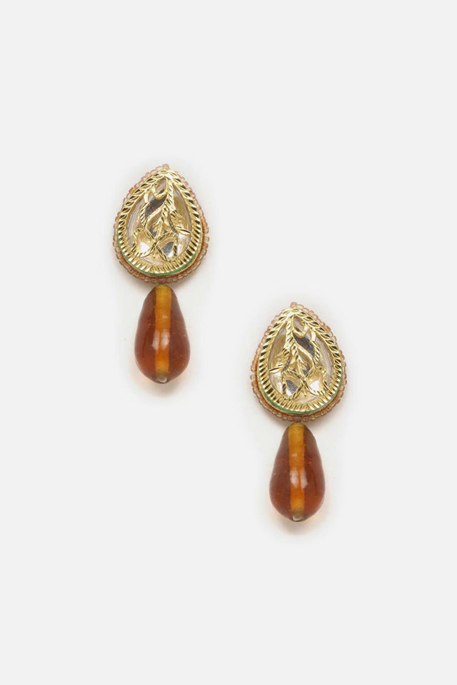 Brown And Gold Drop Earring With Kundan And Pearls