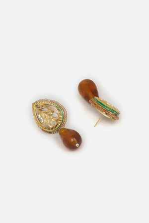 Brown And Gold Drop Earring With Kundan And Pearls