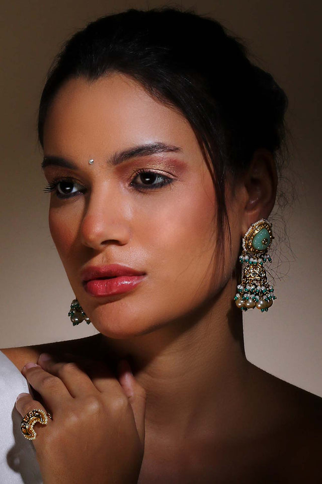 Green And Cream Drop Earring With Kundan And American Diamonds