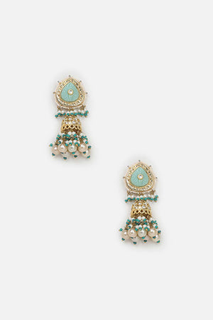 Green And Cream Drop Earring With Kundan And American Diamonds