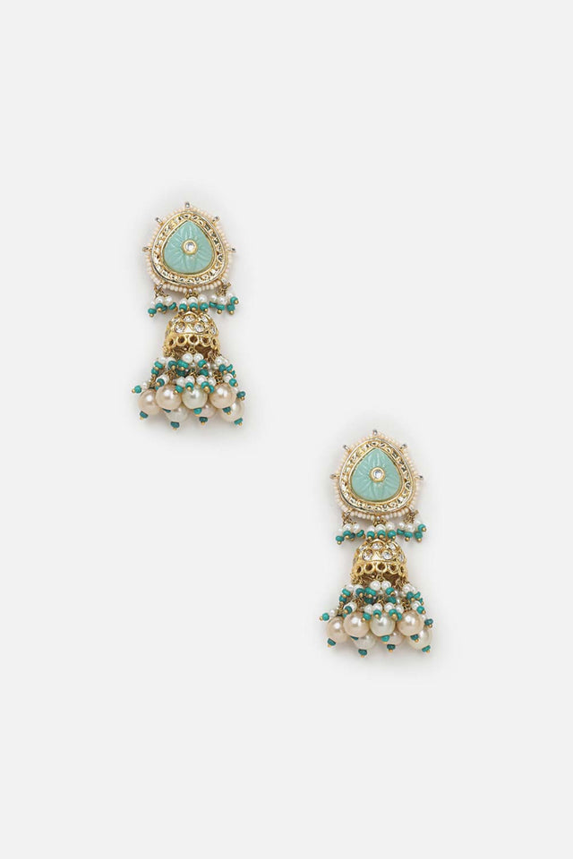Green And Cream Drop Earring With Kundan And American Diamonds
