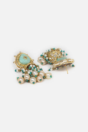 Green And Cream Drop Earring With Kundan And American Diamonds