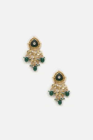 Green And Cream Drop Earring With Kundan, Pearls And Natural Stones