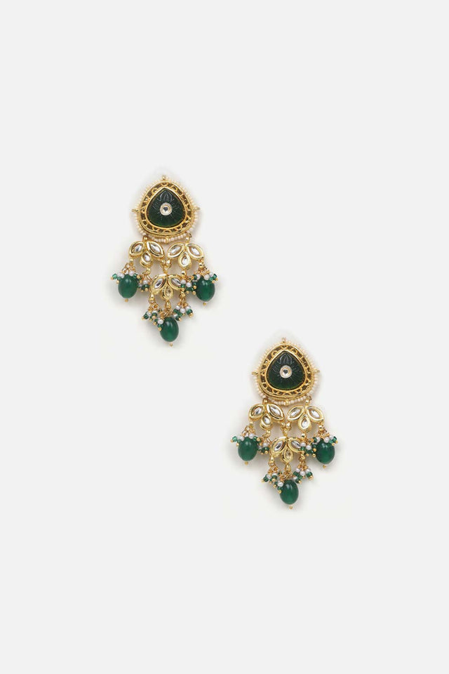 Green And Cream Drop Earring With Kundan, Pearls And Natural Stones