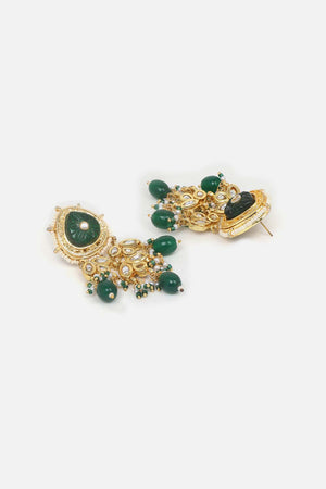 Green And Cream Drop Earring With Kundan, Pearls And Natural Stones