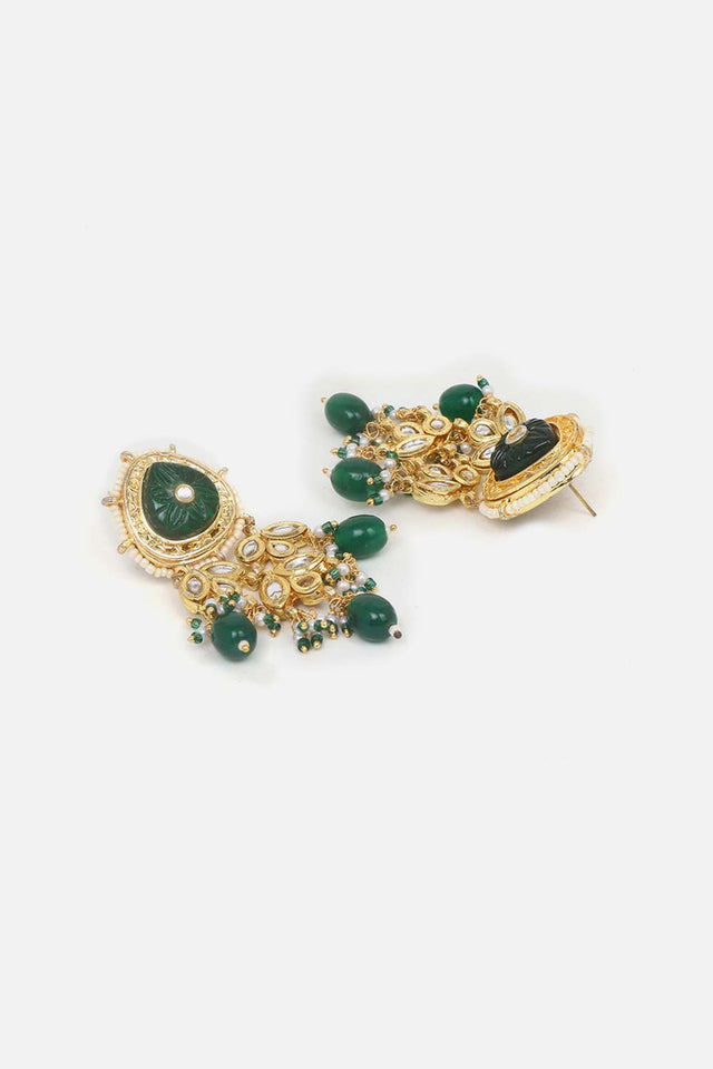 Green And Cream Drop Earring With Kundan, Pearls And Natural Stones