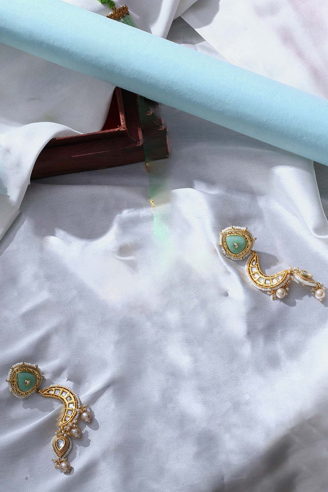 Green, White And Cream Drop Earring With Kundan, Pearls And Natural Stones