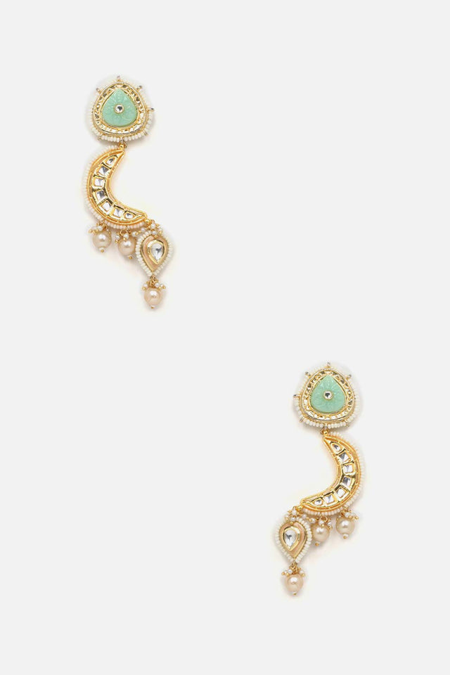 Green, White And Cream Drop Earring With Kundan, Pearls And Natural Stones