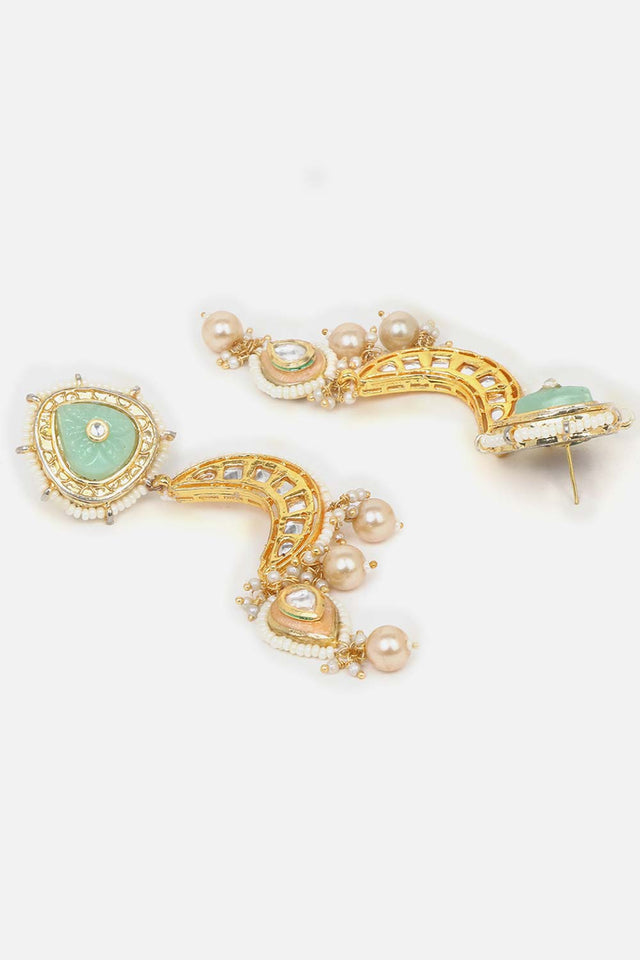 Green, White And Cream Drop Earring With Kundan, Pearls And Natural Stones