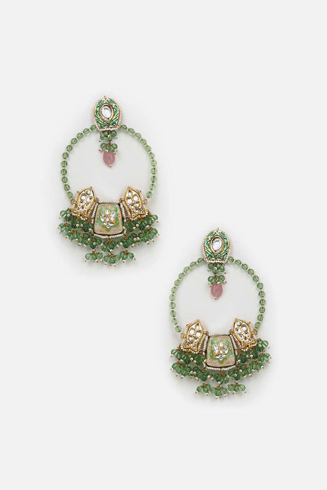 Green And Peach Drop Earring With Kundan And Pearls