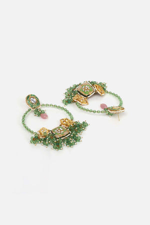 Green And Peach Drop Earring With Kundan And Pearls