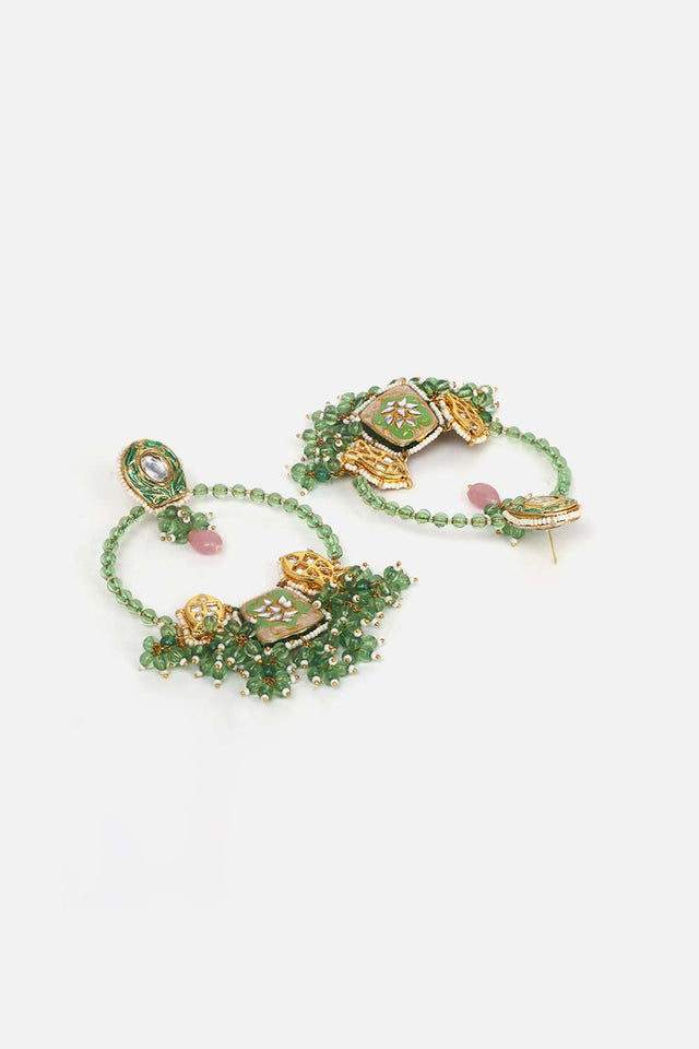 Green And Peach Drop Earring With Kundan And Pearls