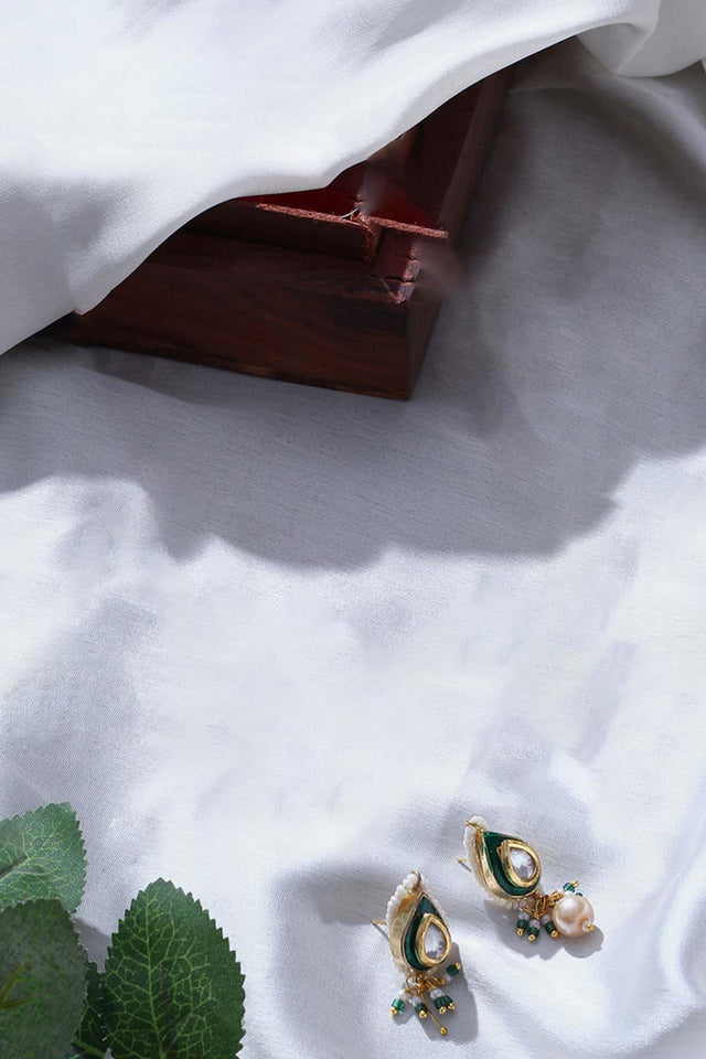 Green And Cream Drop Earring With Kundan And Pearls