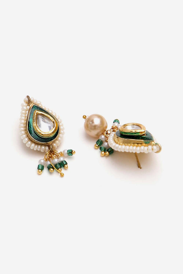 Green And Cream Drop Earring With Kundan And Pearls