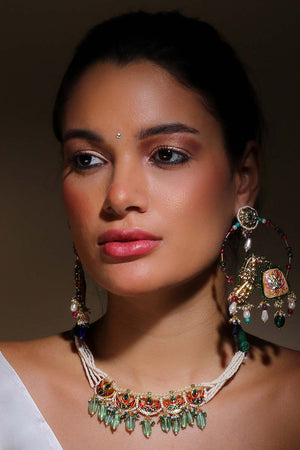 Pink And Cream Drop Earring With Kundan And Pearls