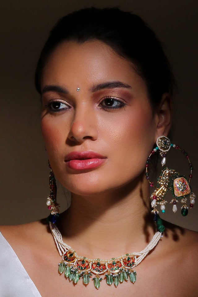 Pink And Cream Drop Earring With Kundan And Pearls