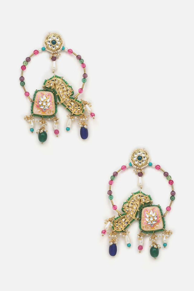 Pink And Cream Drop Earring With Kundan And Pearls