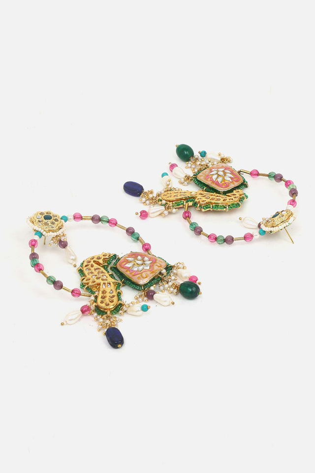 Pink And Cream Drop Earring With Kundan And Pearls