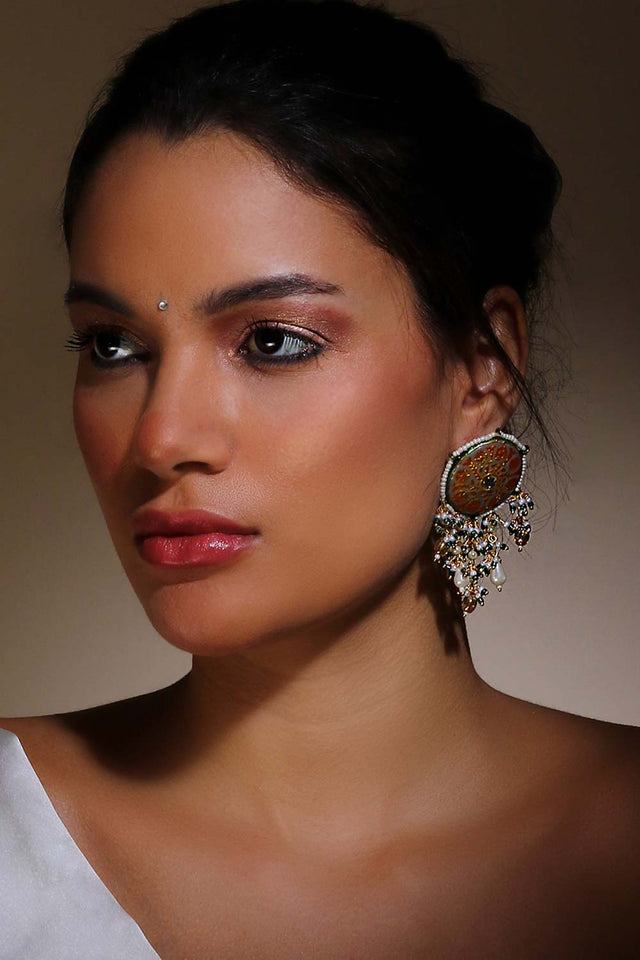 Grey And Yellow Drop Earring With Kundan And Pearls